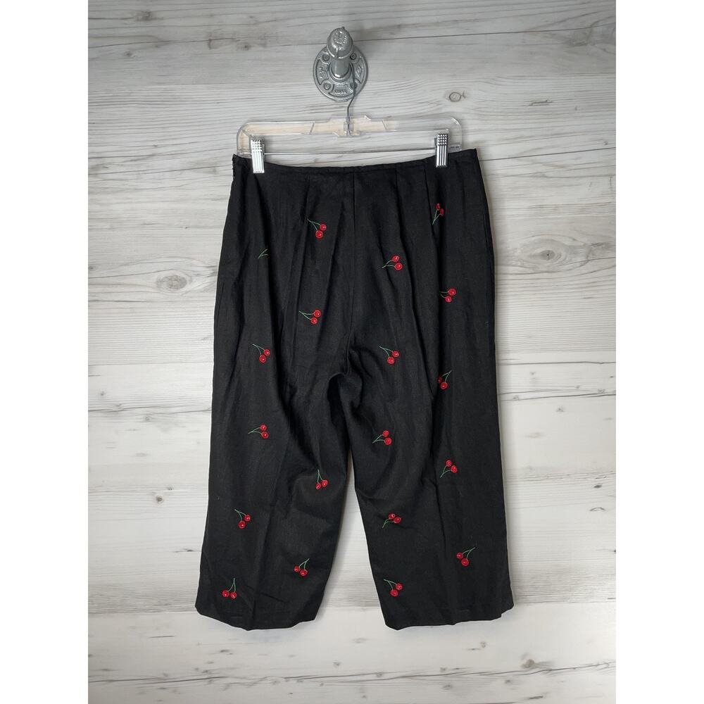 Richard Malcolm Womens 12 Petite Black Linen Blend Cherry Embroidered Pants - Picture 6 of 9